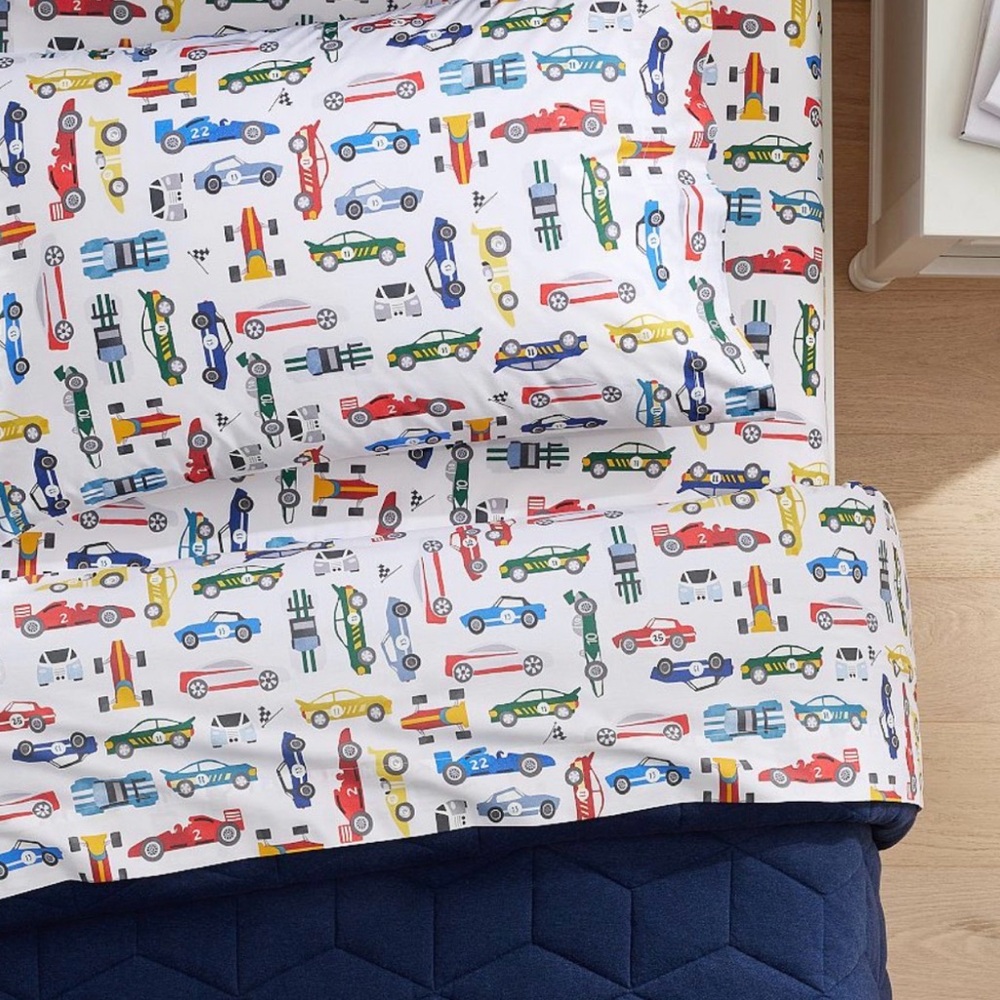 Pottery barn toddler race car sheet set- glow in the dark